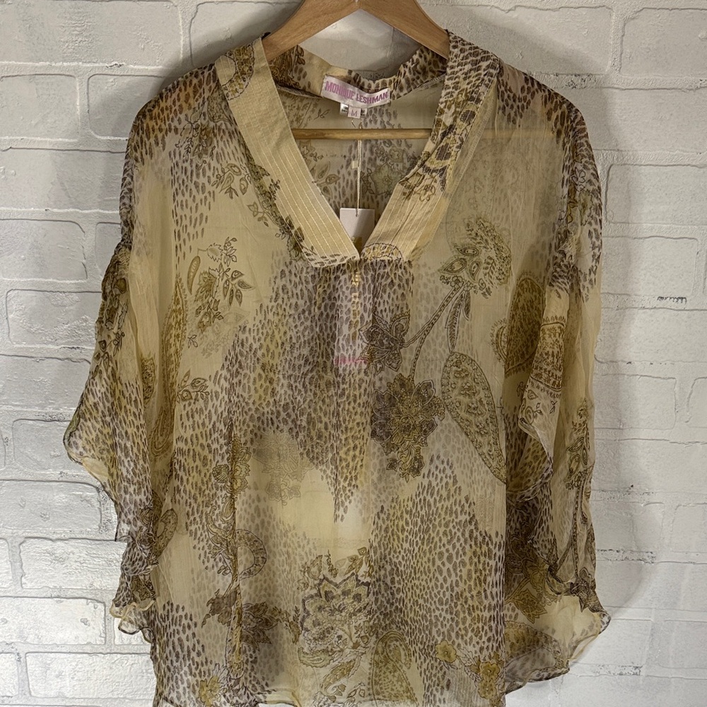 Monique Leshman Sheer Giada Blouse Cream Paisley Ruffle pullover top sz medium